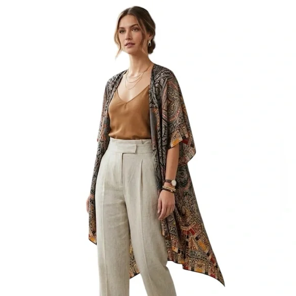 Boho Silk Paisley Black Gold Caftan Kimono Open Front Cover Up One Size - Picture 5 of 5